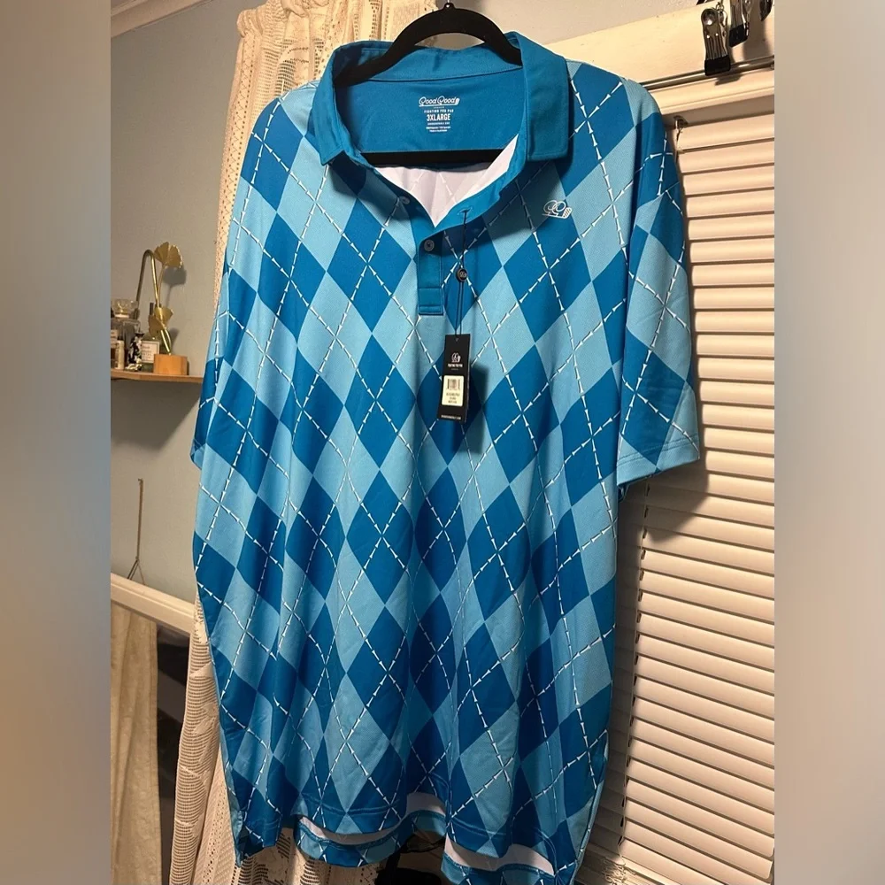 NWT Men's Blue Argyle Good Good Polo Golf Shirt - Picture 1 of 3